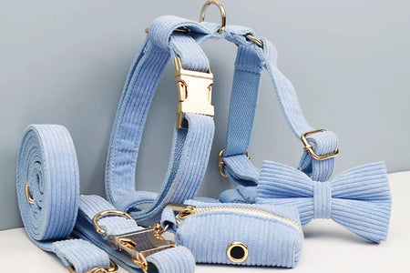 Blue Corduroy Dog Collar and Leash Set for Dogs Custom Engraved Nameplate Pet Supplies Dog Leash Corduroy08